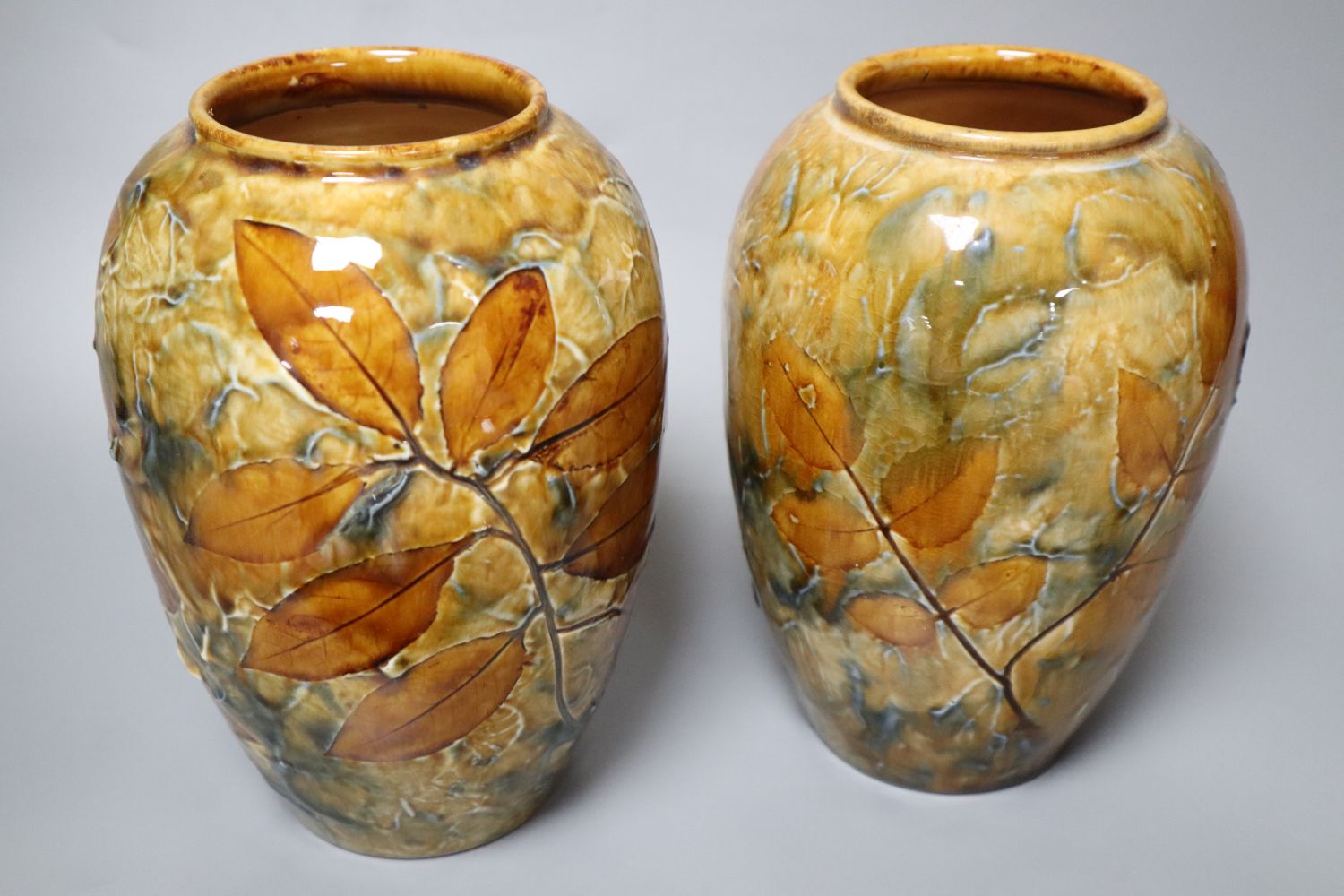 Doulton Natural Foliage Ware: a pair of bowls, 21cm, ovoid vases, 18cm